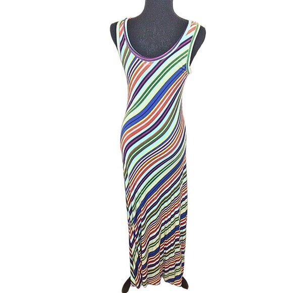 CALVIN KLEIN STRIPED TURQUOISE & MULTI COLOR SLEEVELESS TANK MAXI DRESS - Picture 2 of 6